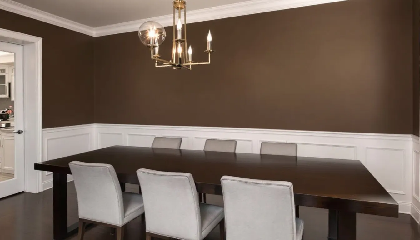 In this elegant dining room, an Urbane Bronze accent wall beautifully contrasts with the bright white wainscoting, creating a modern and cozy atmosphere. The warm tones of the room are complemented by stylish decor and lighting, enhancing the overall depth and charm of the space.