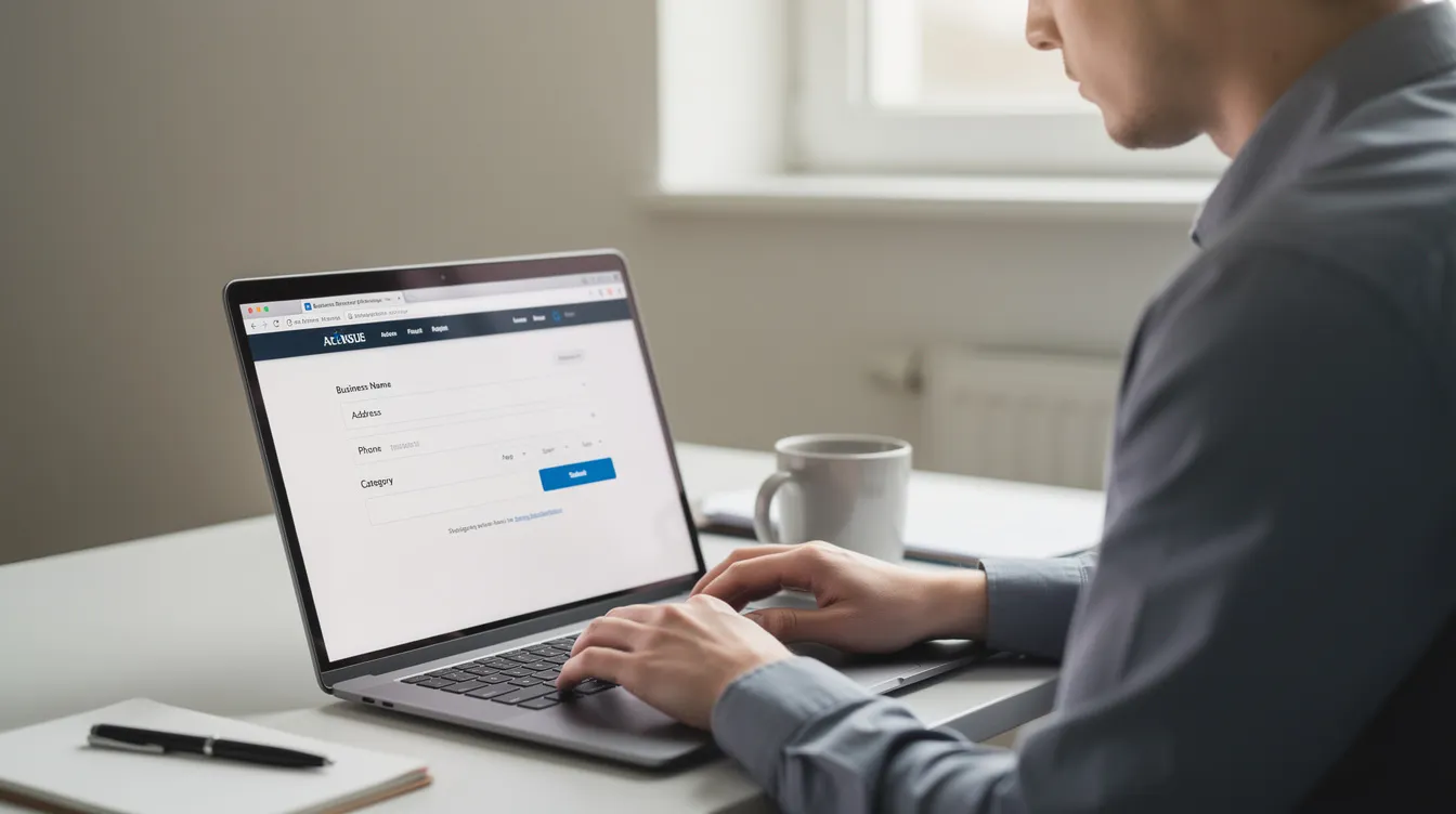 A person is seated at a desk, focused on entering business details into a form on a local directory website using a laptop. This activity is essential for enhancing local search visibility and ensuring consistent citations for local businesses.
