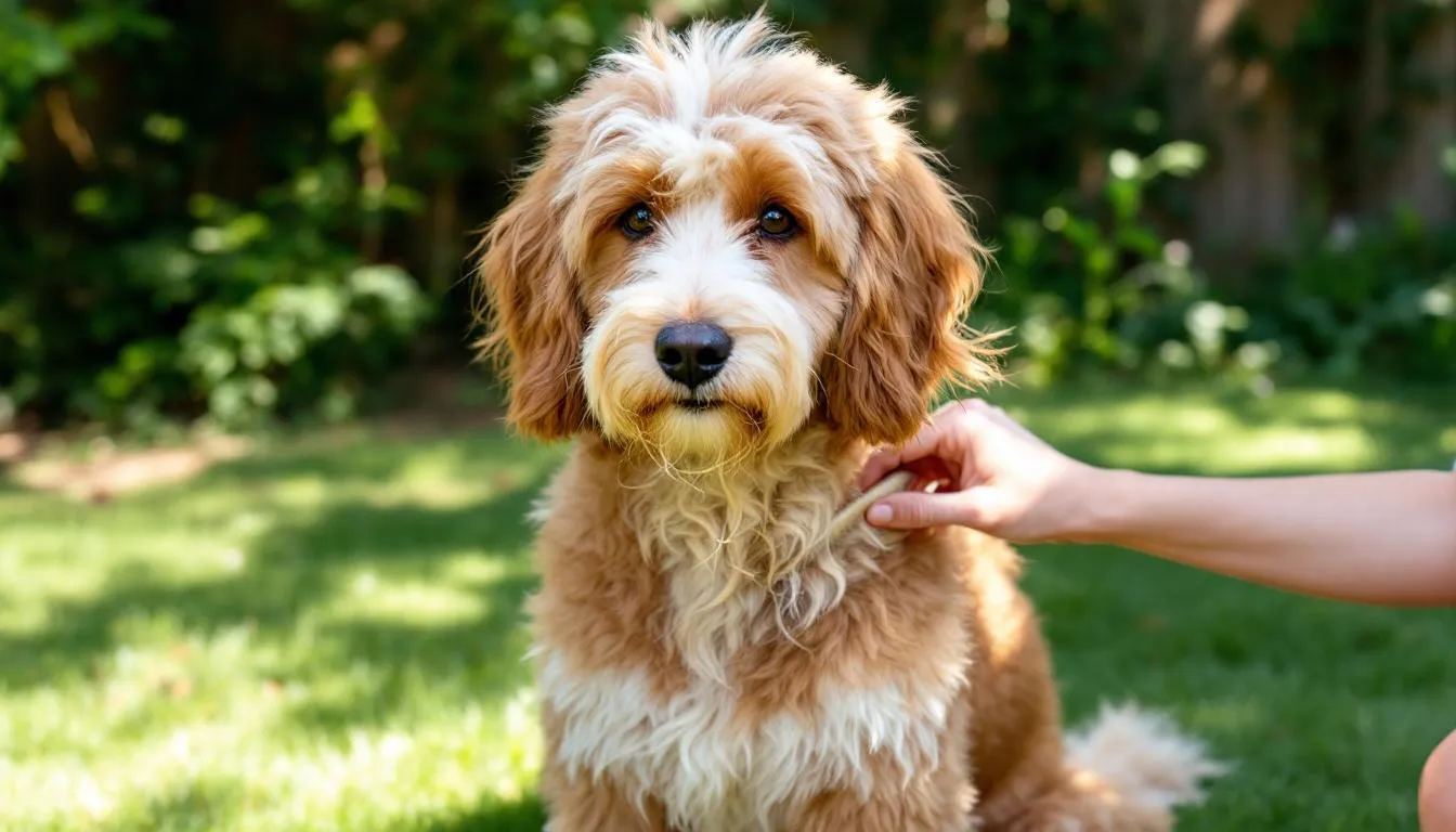 A goldendoodle is being brushed outdoors, with loose hairs from its curly coat visible on the slicker brush. This grooming routine helps manage shedding, as goldendoodles tend to shed less than other dog breeds.