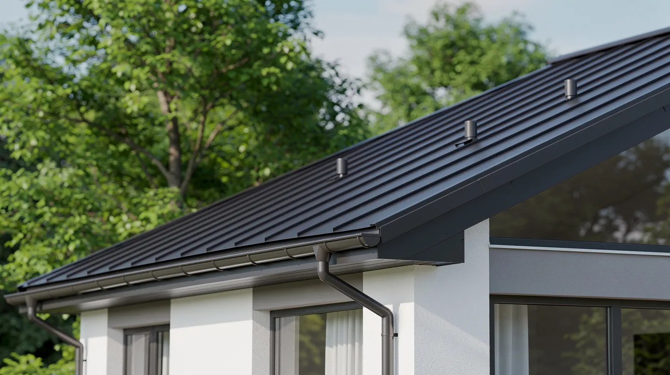 A close-up view of a residential home features a dark metal roof, highlighting its durable and low maintenance materials, surrounded by lush green trees in the background. This image showcases the modern appeal of metal roofing, which is an investment known for its longevity and resistance to high winds.
