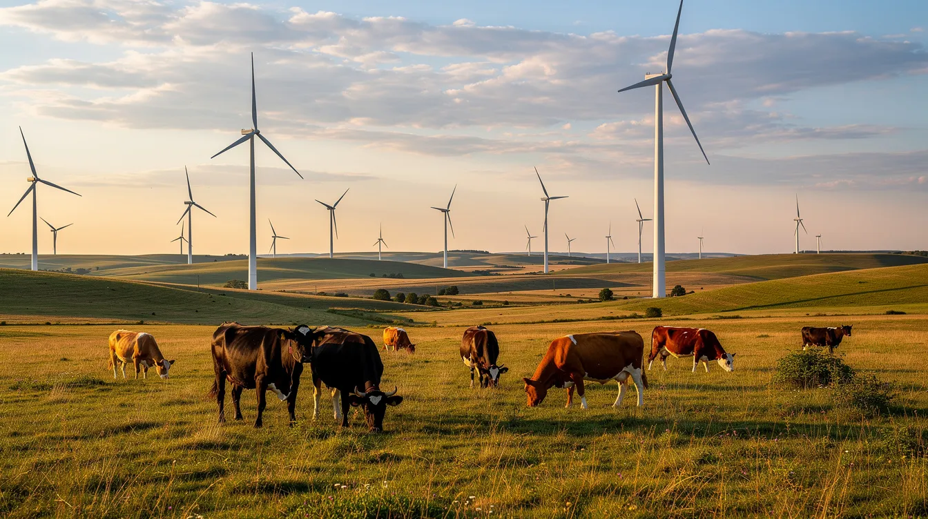 This wide landscape photo captures a serene view of wind turbines on open plains, with grazing cattle in the foreground, symbolizing the coexistence of renewable energy projects and agriculture. The scene highlights the importance of wind energy generation as a vital source of renewable energy in the modern energy sector.