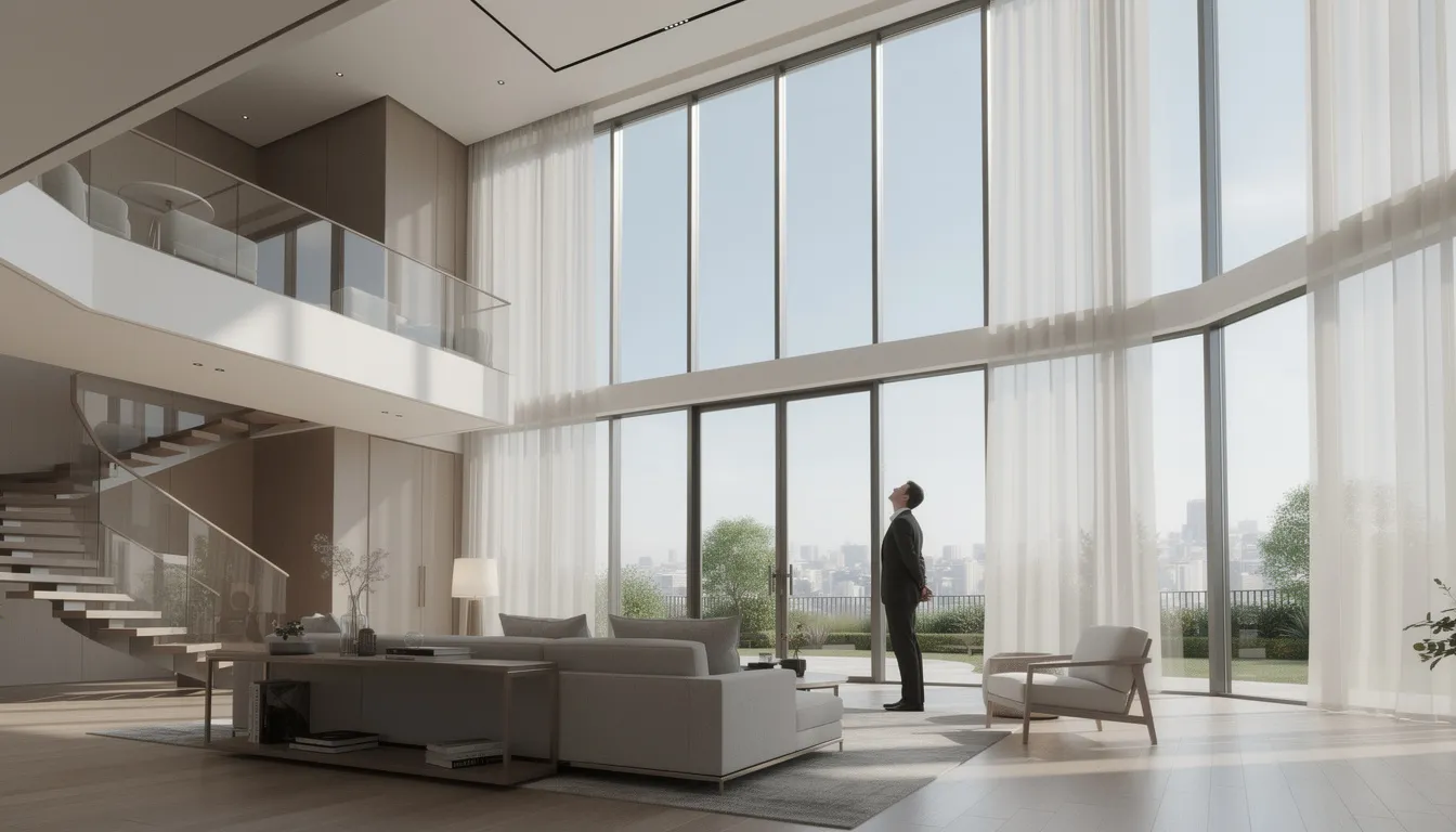 A tall two-story living room features expansive floor-to-ceiling windows, with a person standing on the ground floor gazing up at the high windows, which could benefit from motorized window treatments for easy adjustment and control. The design allows for ample natural light, showcasing the stylish interior while highlighting the convenience of smart home automation for hard-to-reach windows.