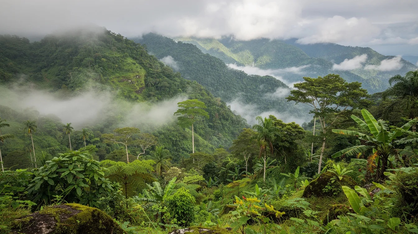 Die üppig grüne Berglandschaft auf Mauritius ist von Nebelschwaden umhüllt und zeigt eine Vielzahl tropischer Pflanzen. Diese idyllische Kulisse spiegelt das tropische Klima der Insel wider, das besonders von November bis April als beste Reisezeit gilt.