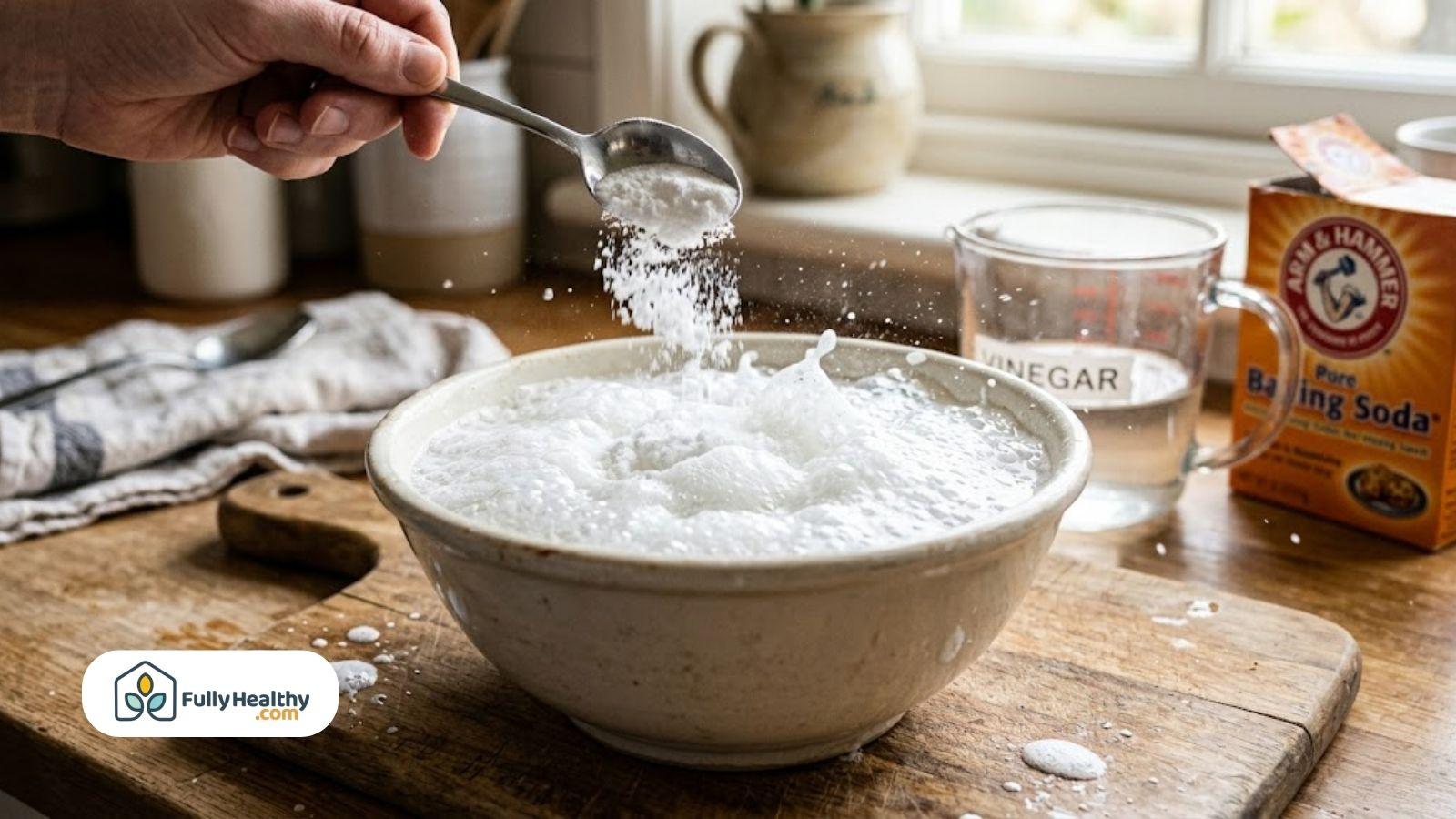Baking soda added to vinegar creating foamy reaction.