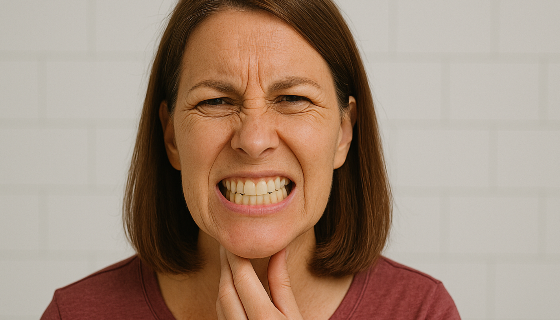 Tannpressing Symptomer: Når Du Ikke Vet At Du Gjør Det 16 Kvinne med anspent ansikt og sammenbitte tenner holder seg på kjeven, tydelig preget av ubehag fra tannpressing.