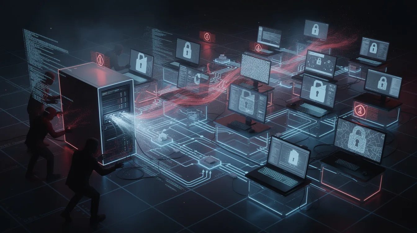The illustration depicts a dark, futuristic cyber grid environment where attackers exploit unpatched software vulnerabilities to deploy ransomware across multiple systems. Encrypted files and red warning alerts highlight the significant security risks, illustrating how sensitive data is compromised amid a backdrop of blue and red neon lighting.