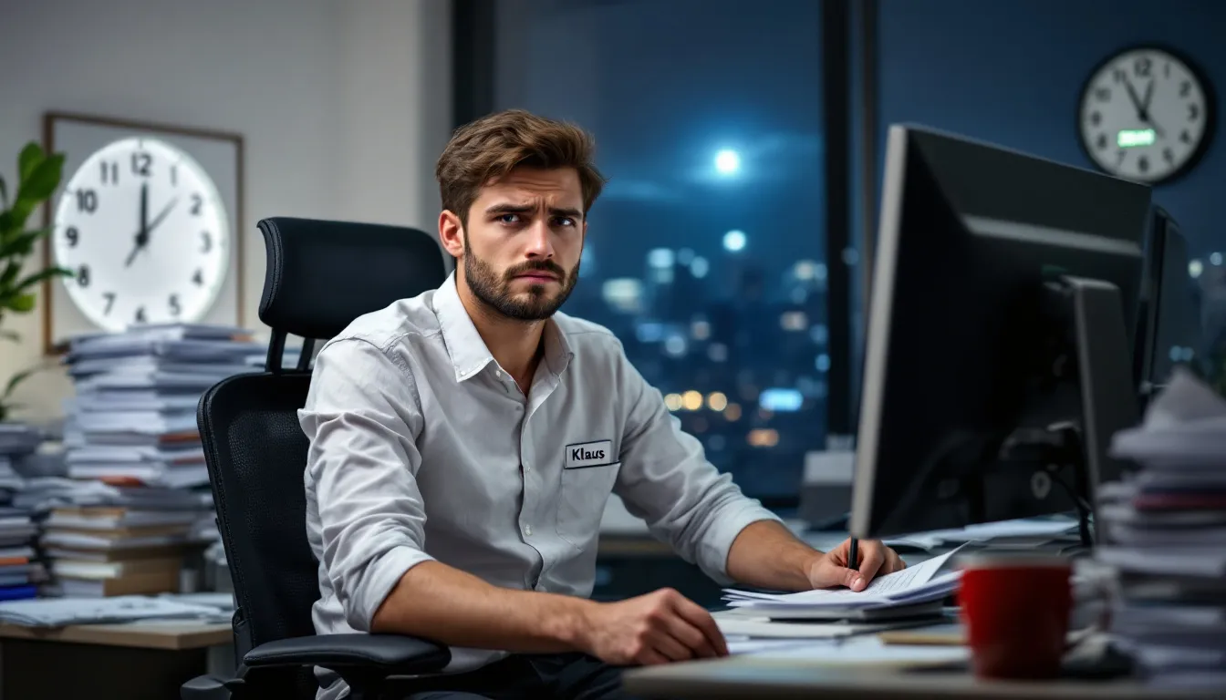 In der Abbildung sind mehrere Personen zu sehen, die in einem Büro arbeiten und Überstunden in ihren Vollzeitjobs leisten. Die Atmosphäre ist geschäftig, während die Arbeitnehmer an ihren Aufgaben sitzen und ihre Arbeitszeiten verlängern, um den Anforderungen ihrer Arbeitgeber gerecht zu werden.