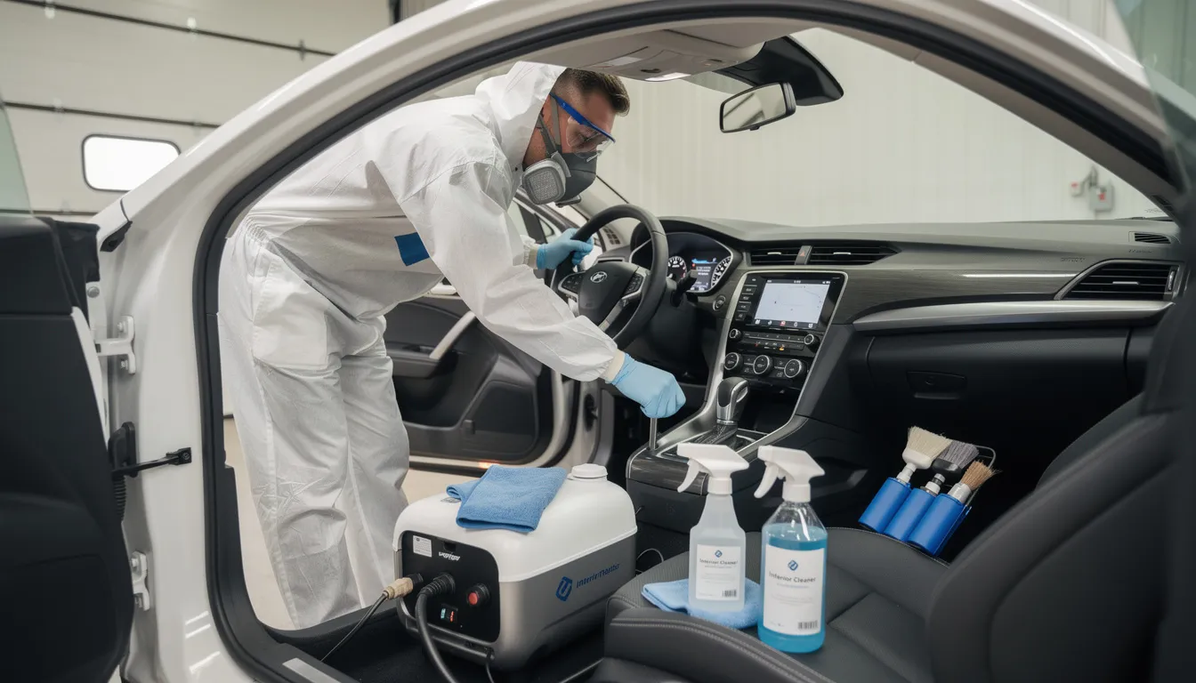 A professional technician in protective gear is inspecting the vehicle's interior, equipped with specialized cleaning tools for complete odor removal. The technician focuses on eliminating stubborn odors, such as smoke and pet smells, while ensuring a thorough surface cleaning process to enhance the car's resale value.