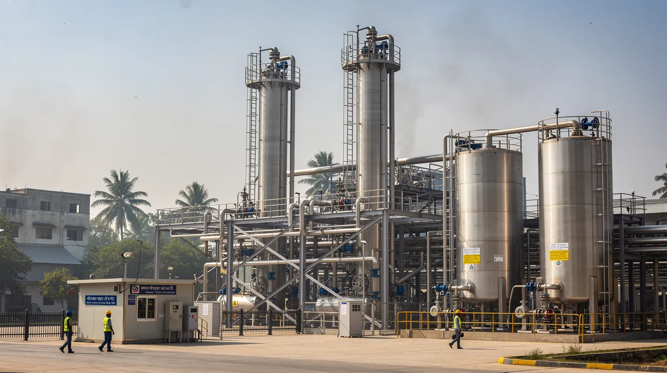 The image depicts an industrial ethanol production plant set in India, featuring multiple distillation columns and large storage tanks. This grain-based ethanol plant is designed for bioethanol production, showcasing the machinery requirements essential for efficient operation and renewable energy generation.