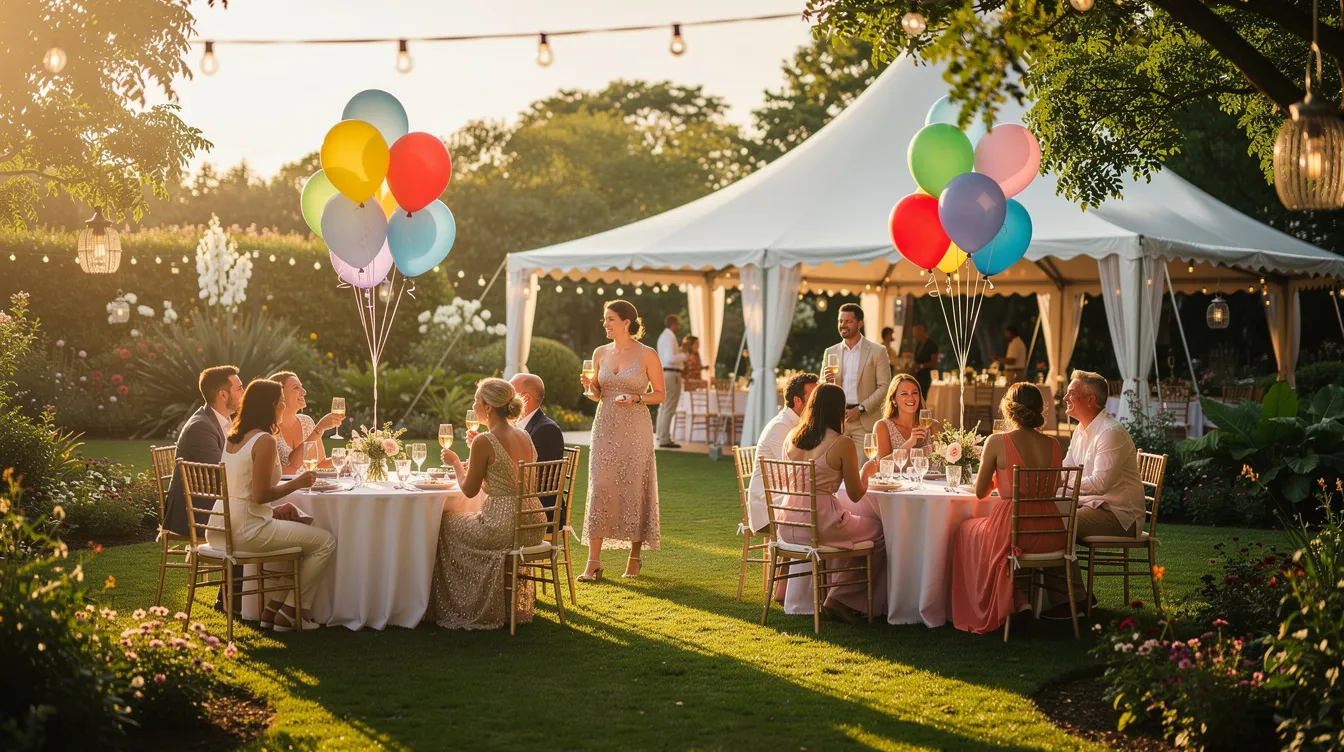 Die elegante Gartenparty zeigt festlich gekleidete Gäste, die sich unter bunten Luftballons und Zelten versammeln, während die Sonne auf den grünen Rasen scheint. Diese Szenerie erinnert an die Themen von "Parasite", wo die Unterschiede zwischen den sozialen Klassen und das Leben der Familien Kim und Park im Mittelpunkt stehen.