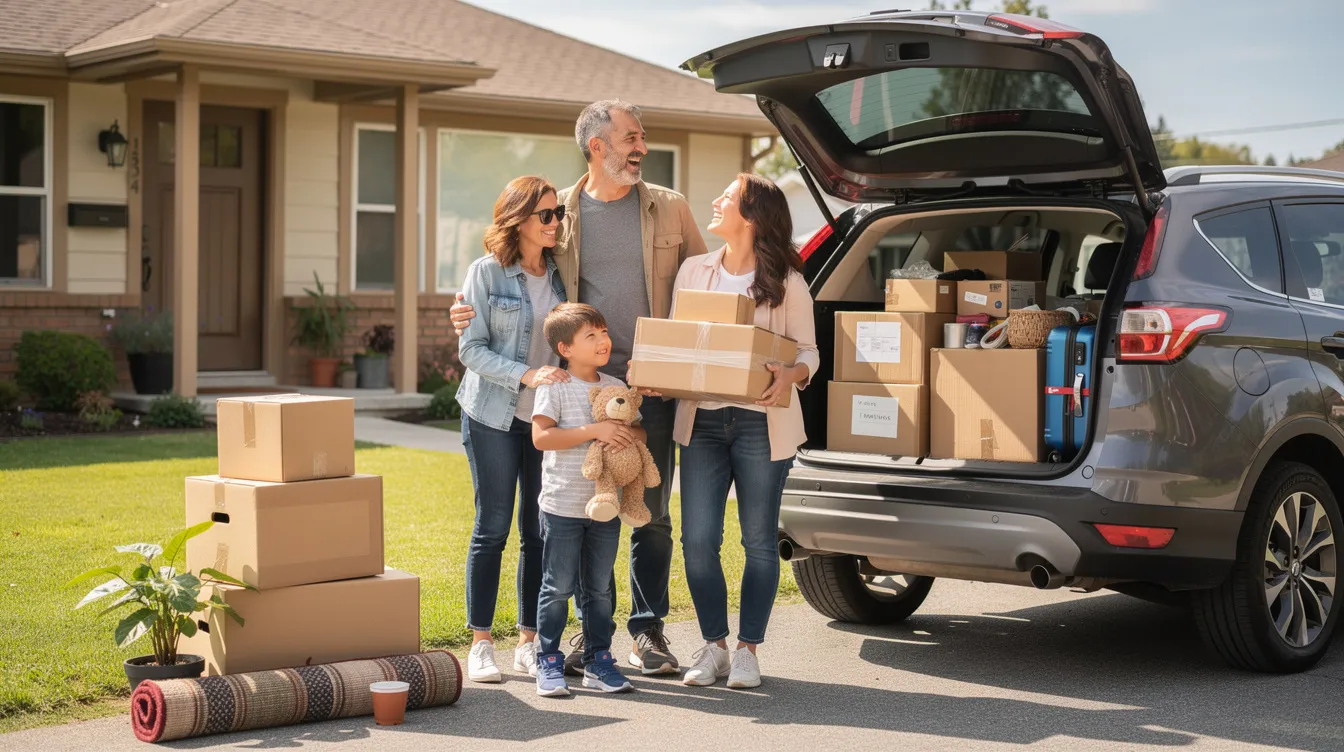 A family stands next to a packed car, preparing for relocation, with their belongings loaded and a sense of anticipation in the air. This scene captures the essence of auto transport services as they embark on their journey, highlighting the efficient car shipping process essential for moving across states like Colorado.