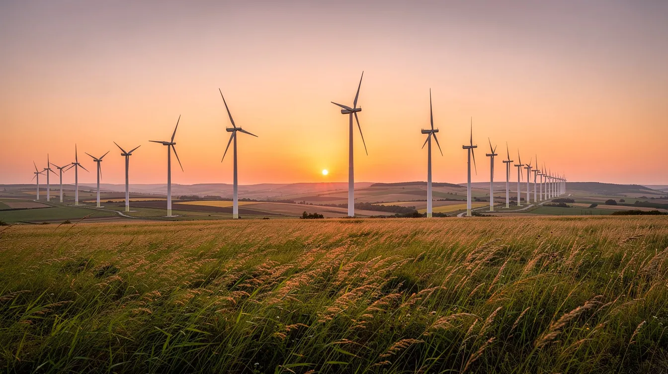 The image depicts a row of wind turbines gracefully standing on grassland plains during a vibrant sunset, symbolizing the growth of renewable energy projects. This scene highlights the significance of wind energy in the renewable energy industry and its role in sustainable power generation.
