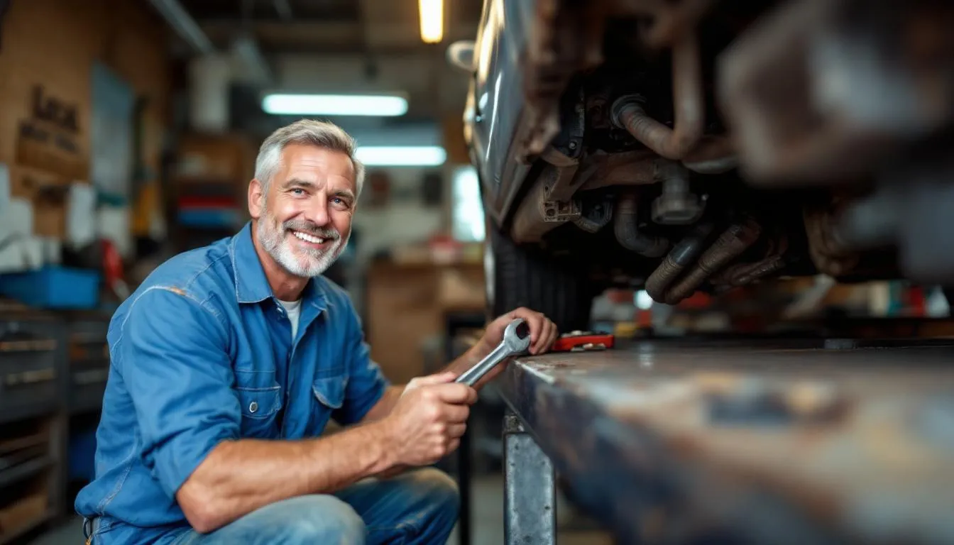 A mechanic performing automotive repair services in a workshop.