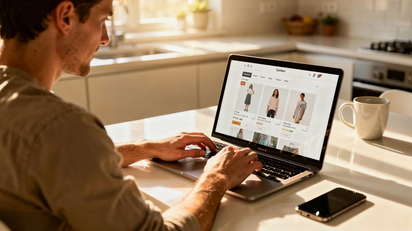 The image shows a person sitting at a kitchen table, browsing products on a laptop computer. The scene suggests they may be engaging in online shopping, possibly for hemp or cannabis products, while ensuring their connection is secure against malicious bots.