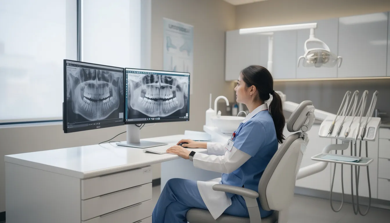 A dental professional is focused on analyzing X-ray images displayed on a computer screen in a modern dental office, highlighting the importance of oral health and the role of oral surgery in addressing dental issues such as wisdom teeth removal and jaw misalignment. This examination is crucial for developing personalized treatment plans to prevent future complications and maintain optimal dental health.