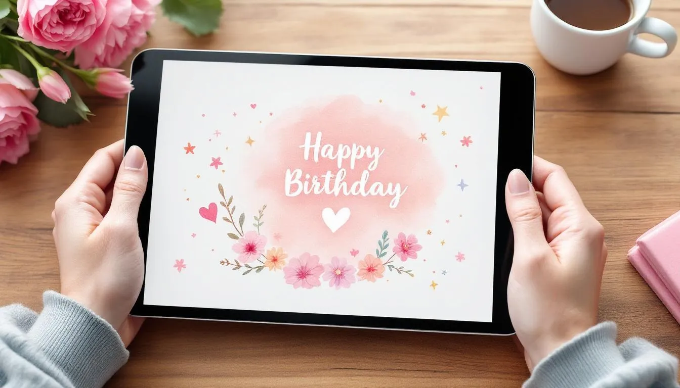 Digital greeting cards displayed on a tablet, perfect for sister birthdays.