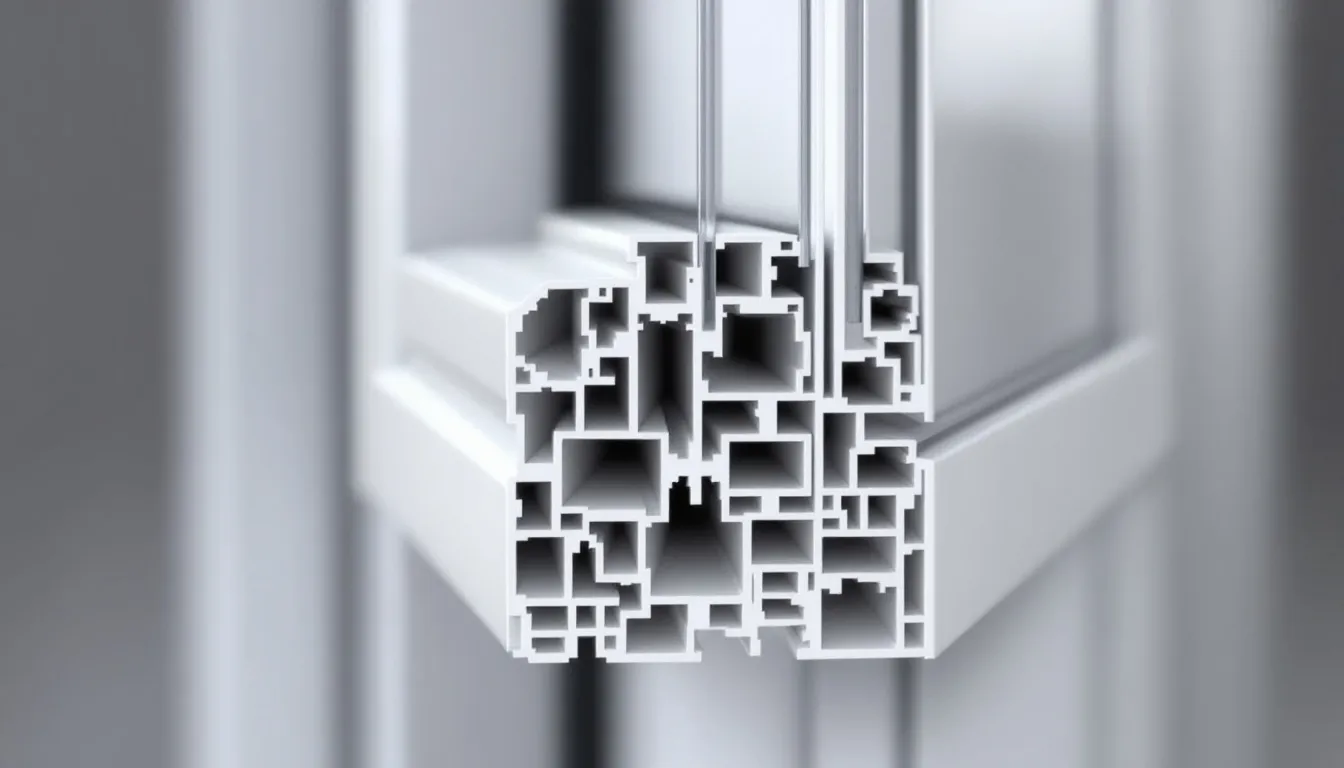 Close-up van een doorsnede van een Kömmerling kozijnprofiel dat het multi-chamber isolatiesysteem toont, met slanke profielen en een hoogwaardige uitstraling. Dit innovatieve kunststof kozijn is ontworpen voor zowel nieuwbouw als renovatie, en biedt hoge isolatiewaarden en duurzaamheid.