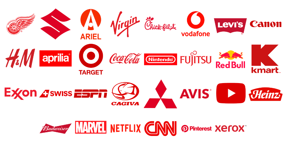Czerwone kolory w marketingu – różne logo znanych marek używające czerwieni. (źródło: 1000logos.net)