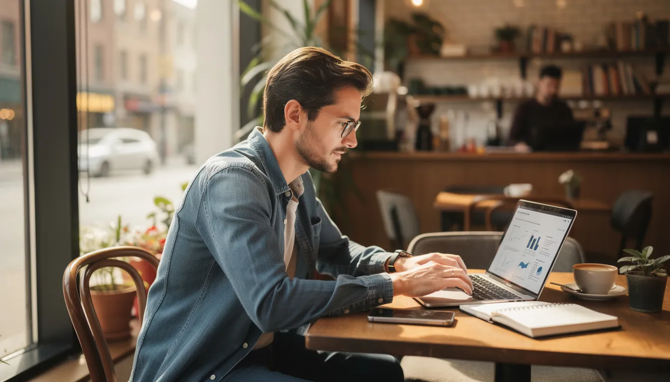 A small business owner is focused on their laptop in a cozy cafe, working on the creation process of their professional website. The warm ambiance and casual setting provide an ideal backdrop for digital marketing efforts, as they utilize a user-friendly website builder to enhance their business growth.