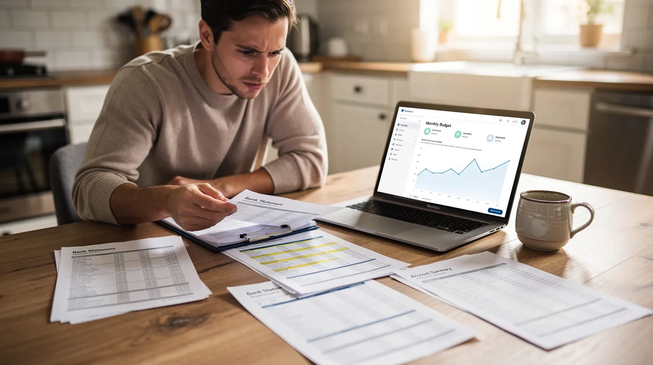 A person is seated at a kitchen table, intently reviewing bank statements and financial documents while a laptop is open in front of them. This scene reflects the process of assessing home equity options, such as a home equity line of credit (HELOC), by analyzing income documentation and monthly debt payments.
