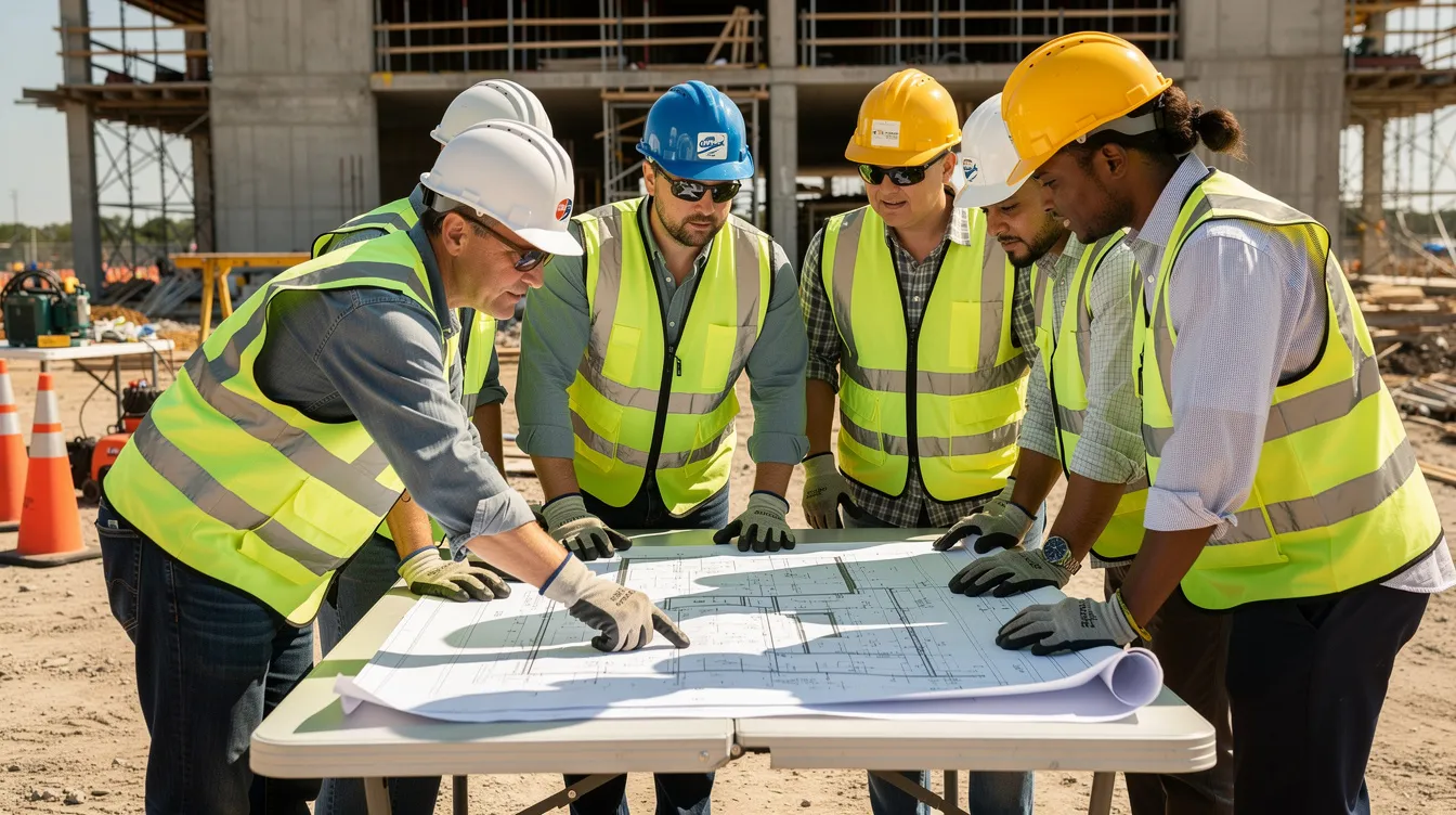 A group of construction workers in bright safety vests is gathered around a table outdoors, collaboratively reviewing plans and diagrams, emphasizing the importance of construction safety and effective communication in the construction industry. Their focus on safety protocols and workplace safety highlights the commitment to protecting workers on the job site.