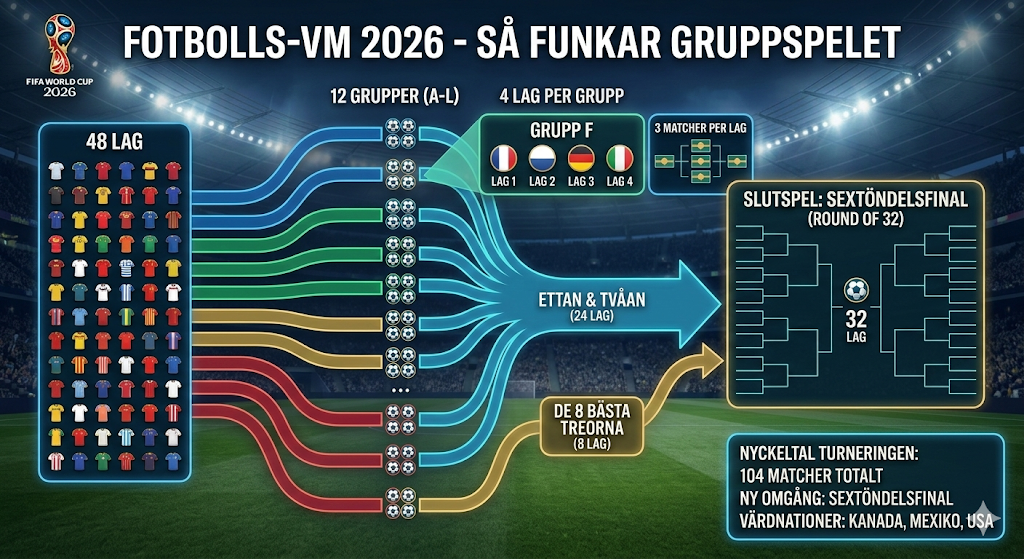 Infografik som visar hur gruppspelet i Fotbolls VM 2026 fungerar med 48 lag fördelade i 12 grupper från grupp A till grupp L, där fyra lag per grupp spelar tre matcher och där grupptvåorna samt de bästa treorna går vidare till slutspelet i världsmästerskapet i fotboll 2026.