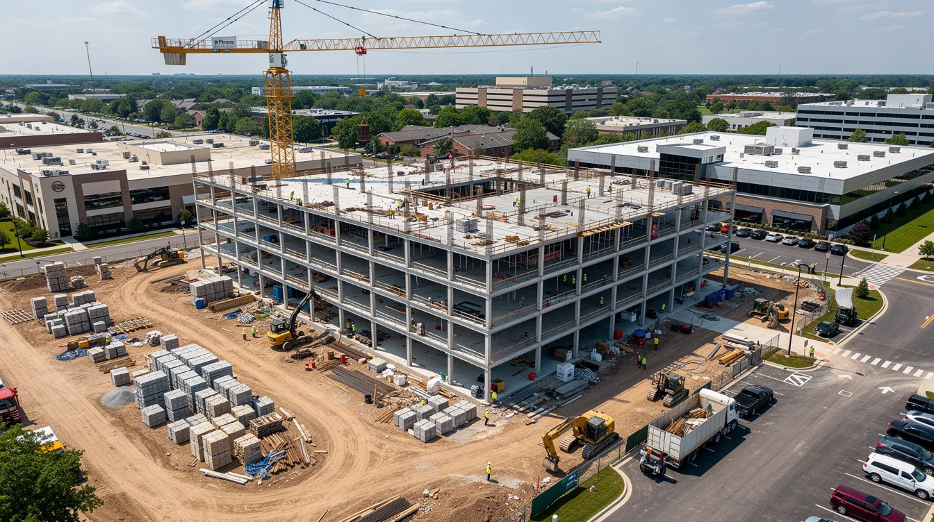 An aerial view showcases a modern commercial building under construction, highlighting the construction industry’s dynamic nature. The image illustrates the ongoing marketing efforts of construction companies aimed at attracting potential customers and enhancing their strong online presence through digital marketing strategies.