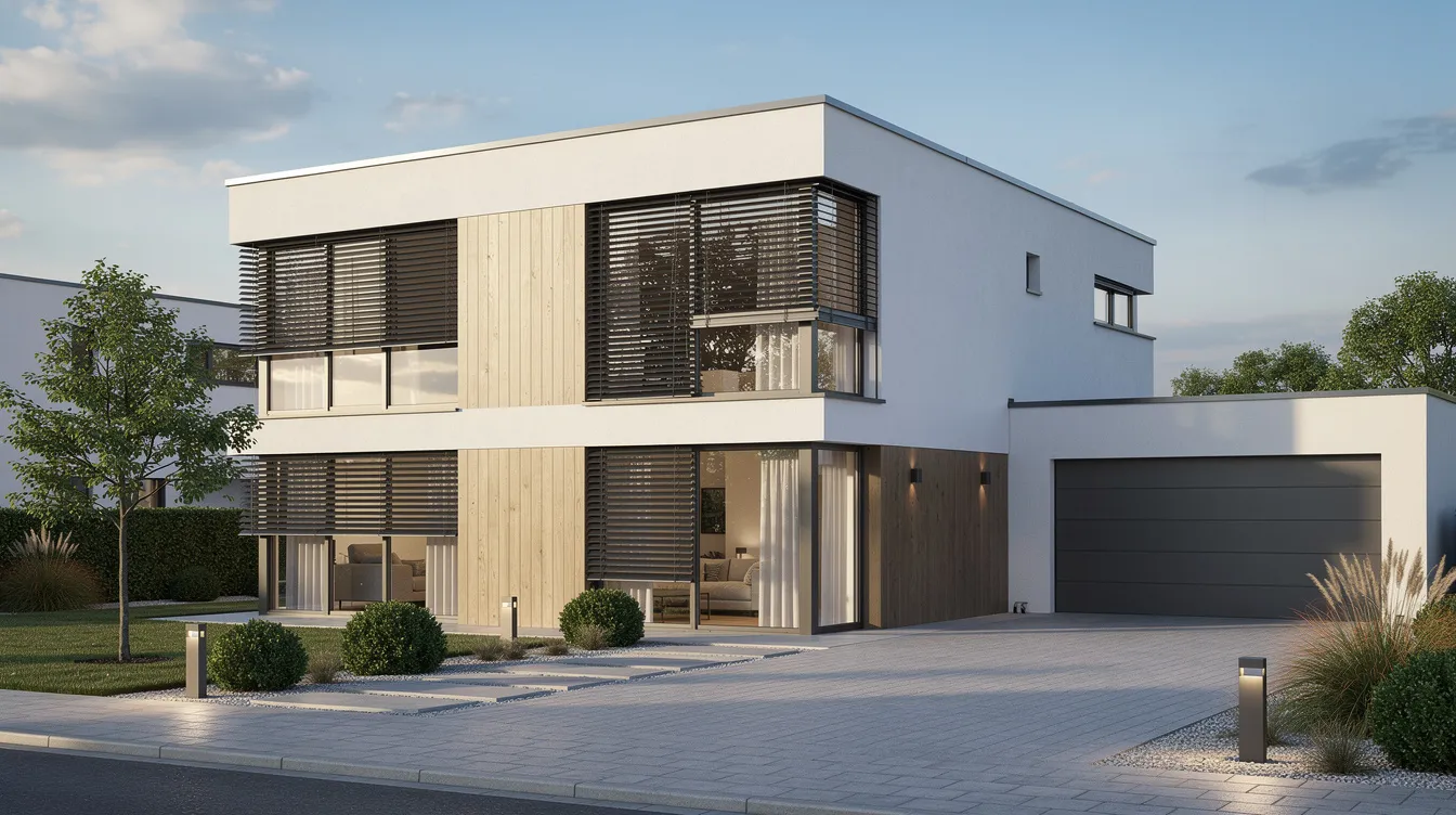 Das Bild zeigt ein modernes Einfamilienhaus von außen, ausgestattet mit Raffstoren an den Fenstern und einer Einfahrt. Die Architektur des Hauses vermittelt ein Gefühl von Komfort und Effizienz, während die Raffstoren eine intelligente Beschattung und Sicherheit im Rahmen eines KNX Smart Home Systems bieten.