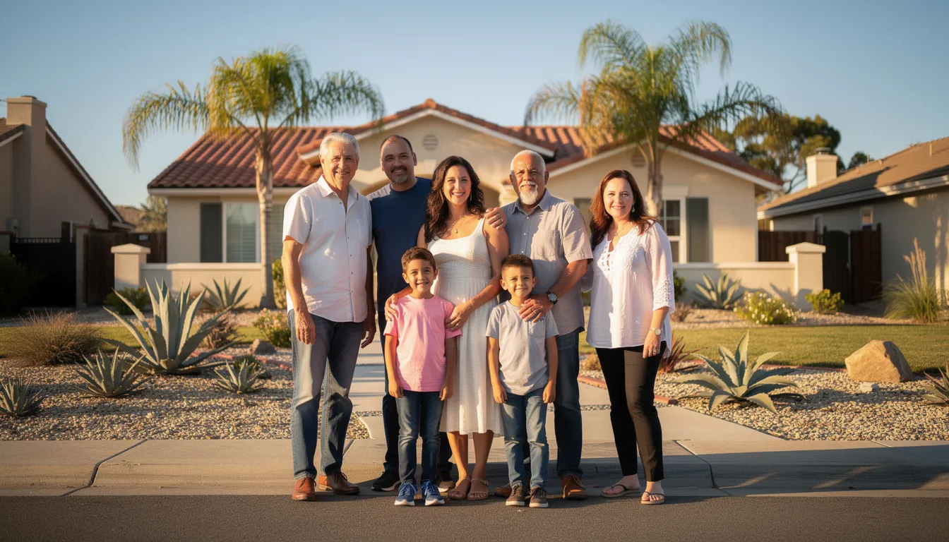 A California family stands together outside their home, smiling and enjoying each other's company, reflecting the importance of family dynamics in estate planning. This image symbolizes the value of creating customized estate plans to protect personal assets for future generations in the greater San Diego area.