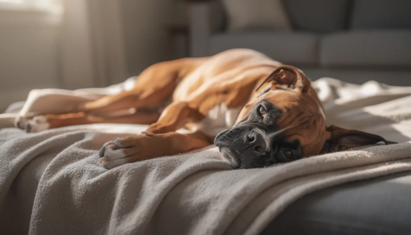 Na kocu leży młody bokser, który wygląda na zmęczonego i apatycznego, co może sugerować objawy neurologiczne lub stan zapalny. Jego niechęć do ruchu i utrata apetytu mogą wskazywać na problemy zdrowotne, które wymagają konsultacji z lekarzem weterynarii.