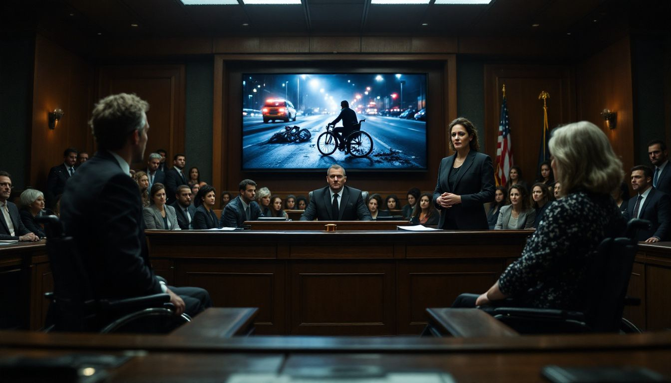 A courtroom scene illustrating punitive damages in a pedestrian accident case.