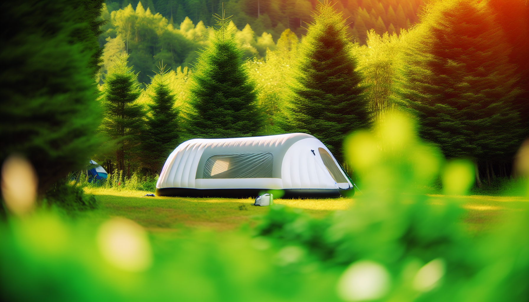 Inflatable tent pitched in a scenic camping location