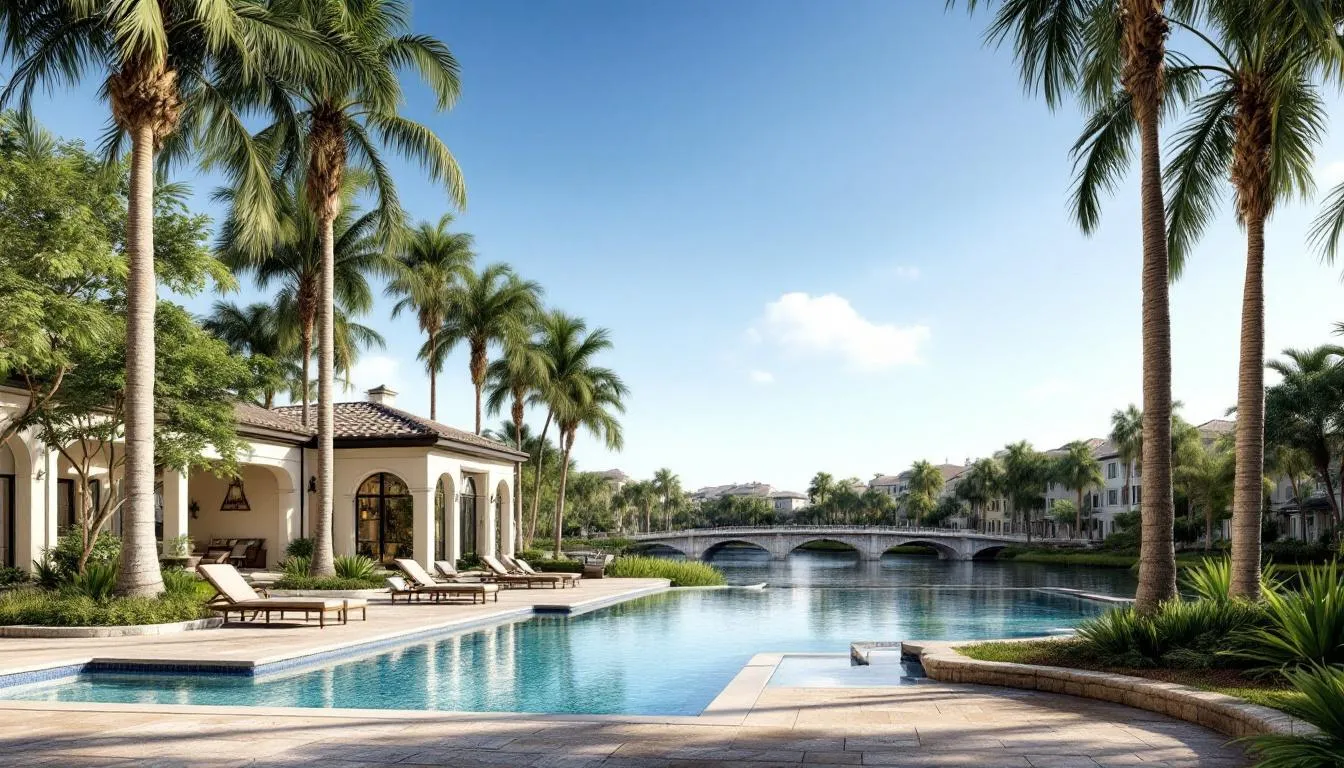 The image showcases a luxurious community pool area surrounded by palm trees, offering stunning river views, perfect for relaxation. Located in Fort Myers, the Pointe Royale real estate development features a clubhouse and various amenities, appealing to potential buyers looking for a serene lifestyle.