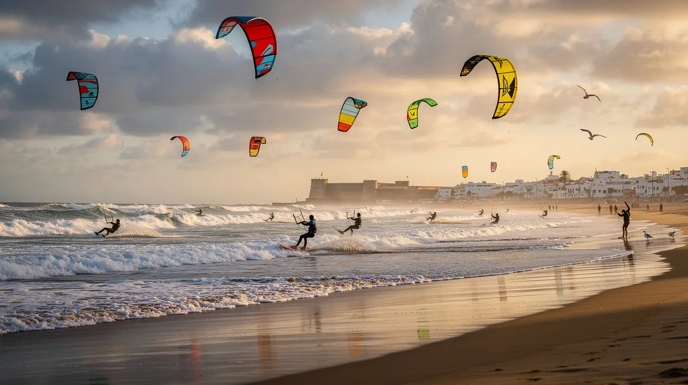 The image shows vibrant kite surfers skillfully navigating the strong Atlantic winds along Essaouira's sandy beach, capturing the essence of the city's popular summer months. With mild temperatures and sunshine, this coastal area is a great destination for windsurfing enthusiasts and those looking to enjoy the beach year-round.