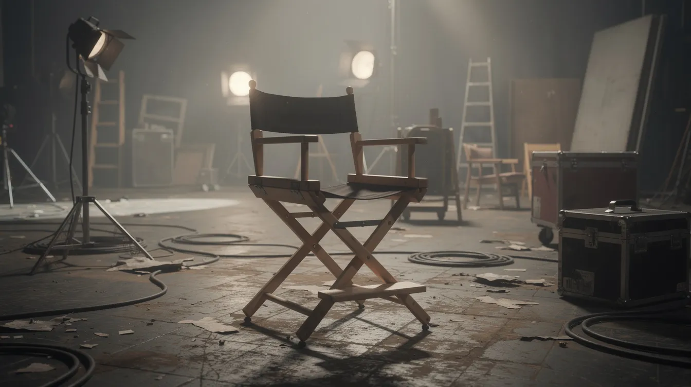 Ein leerer Regiestuhl steht auf einem verlassenen Filmset, umgeben von schwachem Licht, das die Stille und das Verlassene des Ortes betont. Diese Szene erinnert an die Herausforderungen, mit denen Schauspieler wie Kevin Spacey konfrontiert sind, die aufgrund von Vorwürfen sexueller Übergriffe und ihrer Karriere in der Filmindustrie im Fokus der Medien stehen.