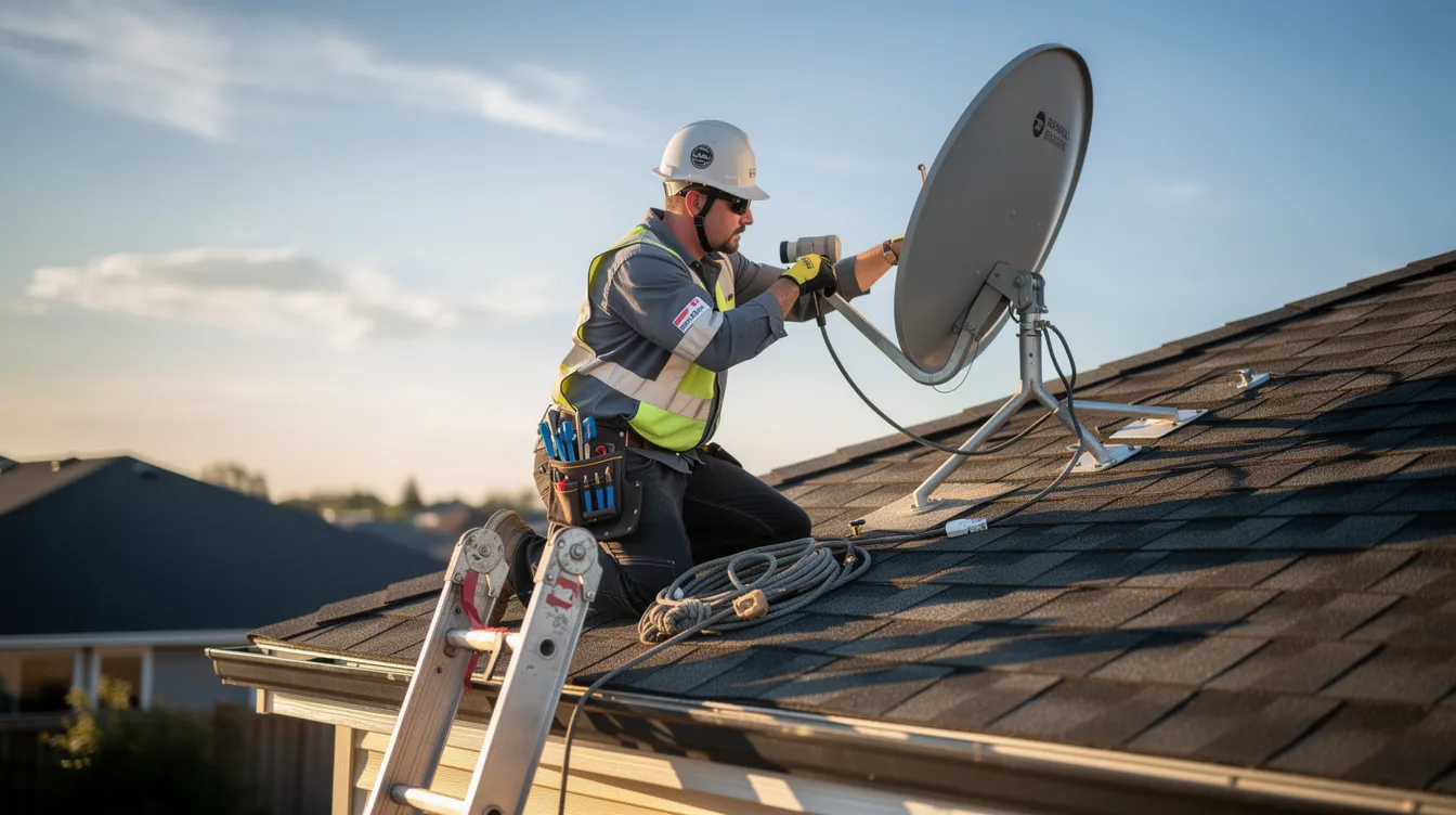 A professional technician in work gear is installing a satellite dish on a residential roof, ensuring optimal positioning for the best reception of DSTV channels. This installation showcases the expertise of accredited DSTV installers, highlighting the importance of quality service for a high-quality viewing experience.