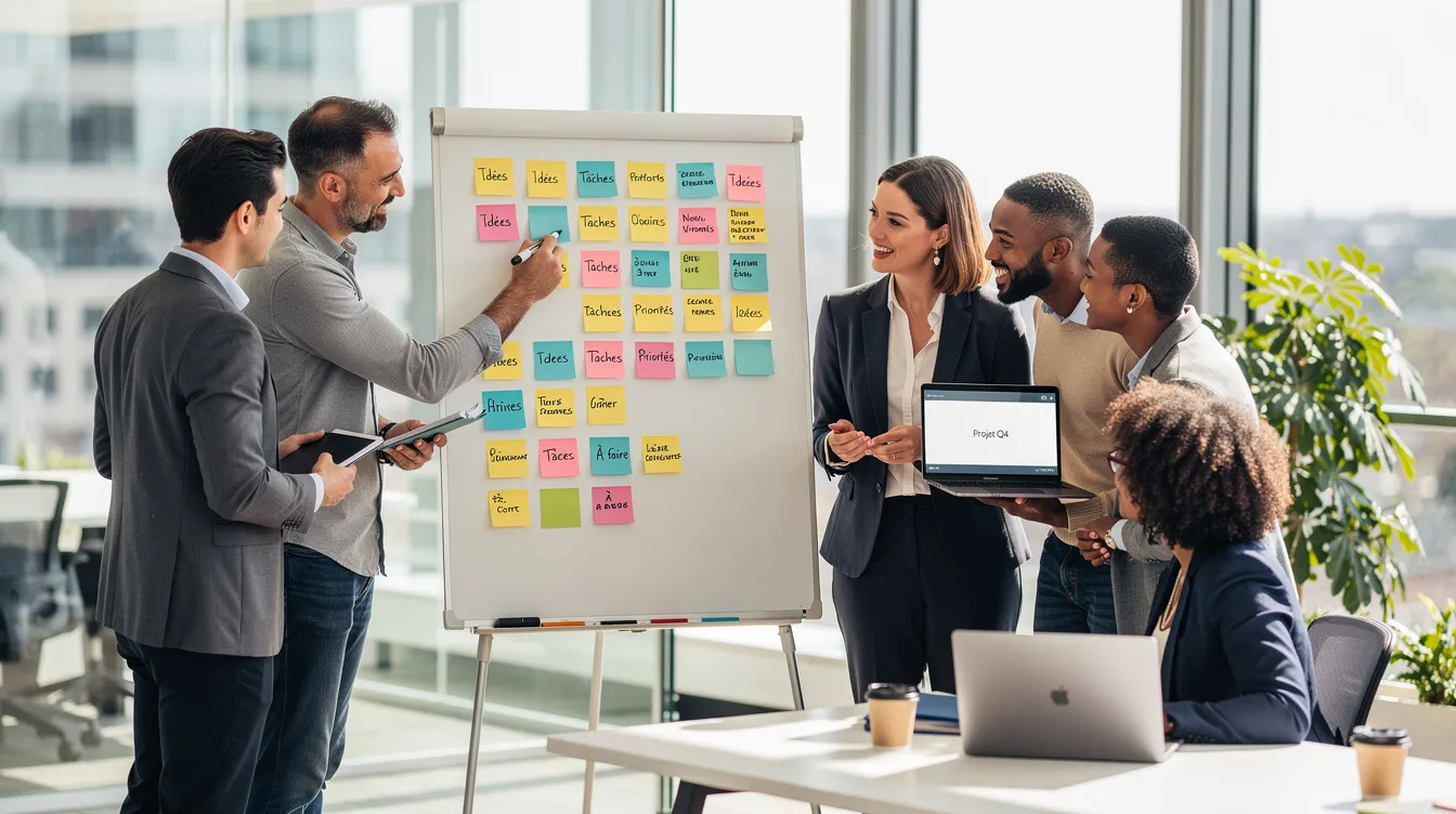 L'image montre une équipe de professionnels engagés dans une collaboration active autour d'un grand tableau blanc, couvert de post-its colorés, dans un espace de travail lumineux. Cette scène illustre la créativité au sein d'une équipe, où les membres échangent des idées pour stimuler l'innovation et la gestion de projet.