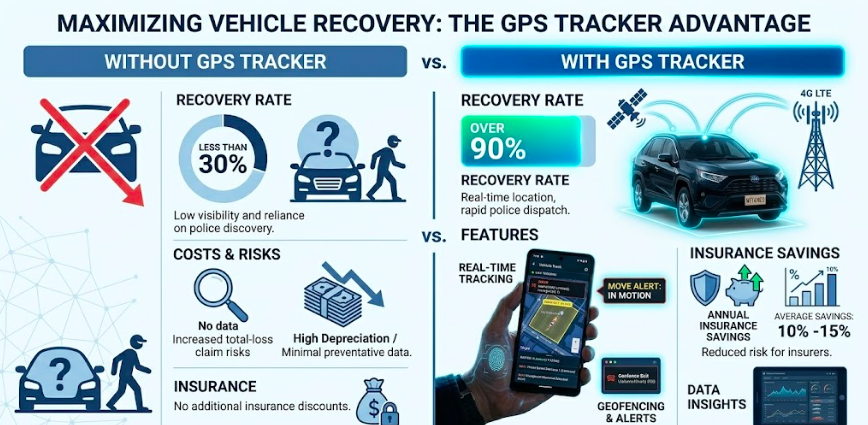 Graphic showing vehicle recovery rates and insurance savings with GPS tracking