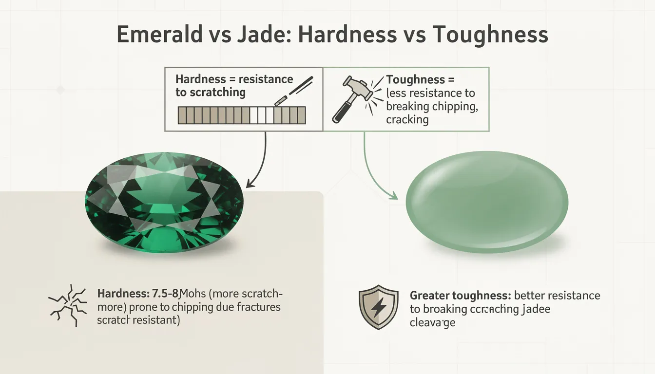 This image illustrates the comparison between emerald and jade gemstones, highlighting their differences in hardness and toughness on the Mohs scale. While emeralds, known for their vivid green color, are harder and more scratch-resistant, they are also prone to chipping due to their imperfect cleavage, contrasting with jadeite's slightly softer structure.