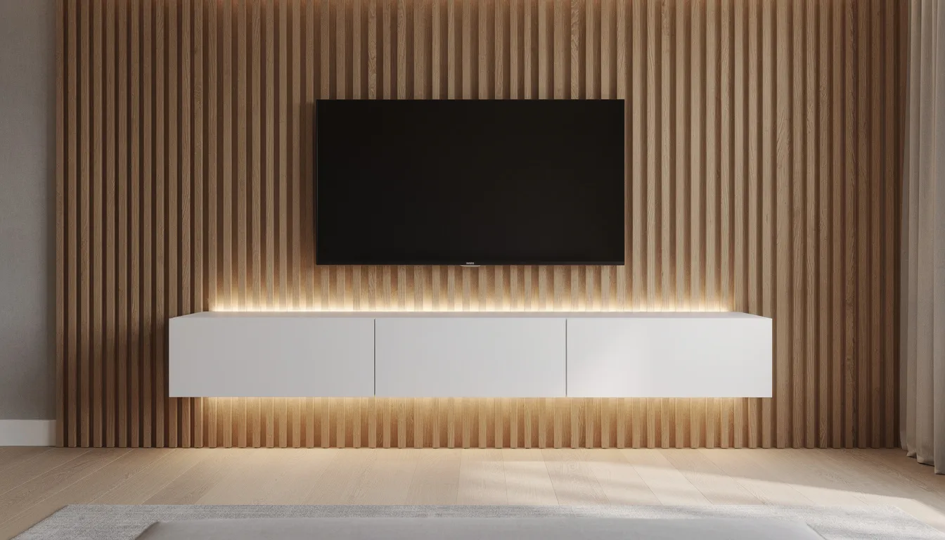 Een close-up van een stijlvolle houten lattenwand met indirecte verlichting, waar een strak tv-meubel aan de muur is gemonteerd. Deze wandpanelen creëren een luxe uitstraling en extra sfeer in de woonkamer, perfect passend bij jouw interieur.