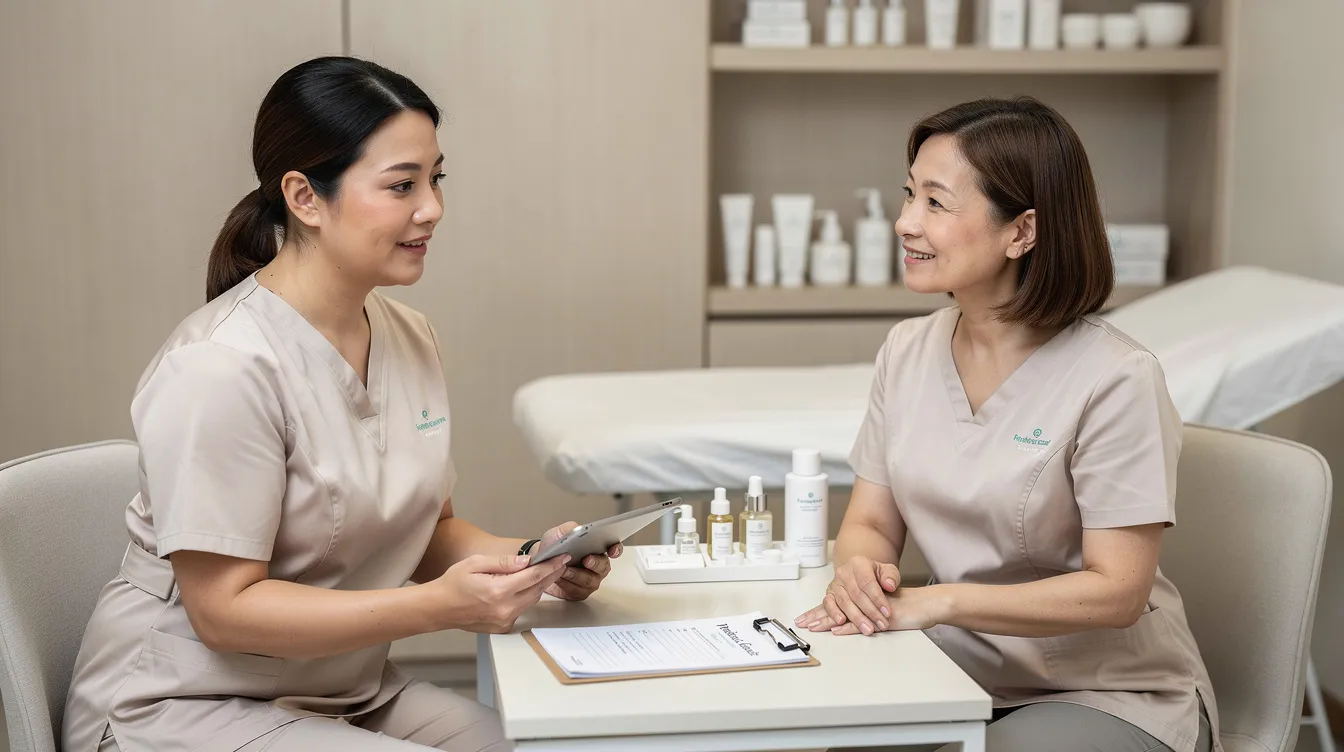 A medical aesthetic provider is seated with a patient in a private consultation room, discussing a customized treatment plan for body contouring. They focus on minimally invasive procedures like dermal filler injections to enhance the patient's desired shape and achieve natural-looking results.