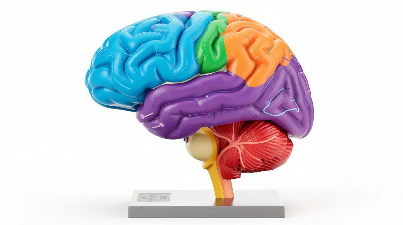 The image depicts a colorful anatomical model of a human brain, highlighting various regions associated with cognitive functioning and biological aging. This model visually represents the complex interplay of brain tissue and epigenetic factors, such as DNA methylation, which are crucial in understanding age-related changes and mortality risk.