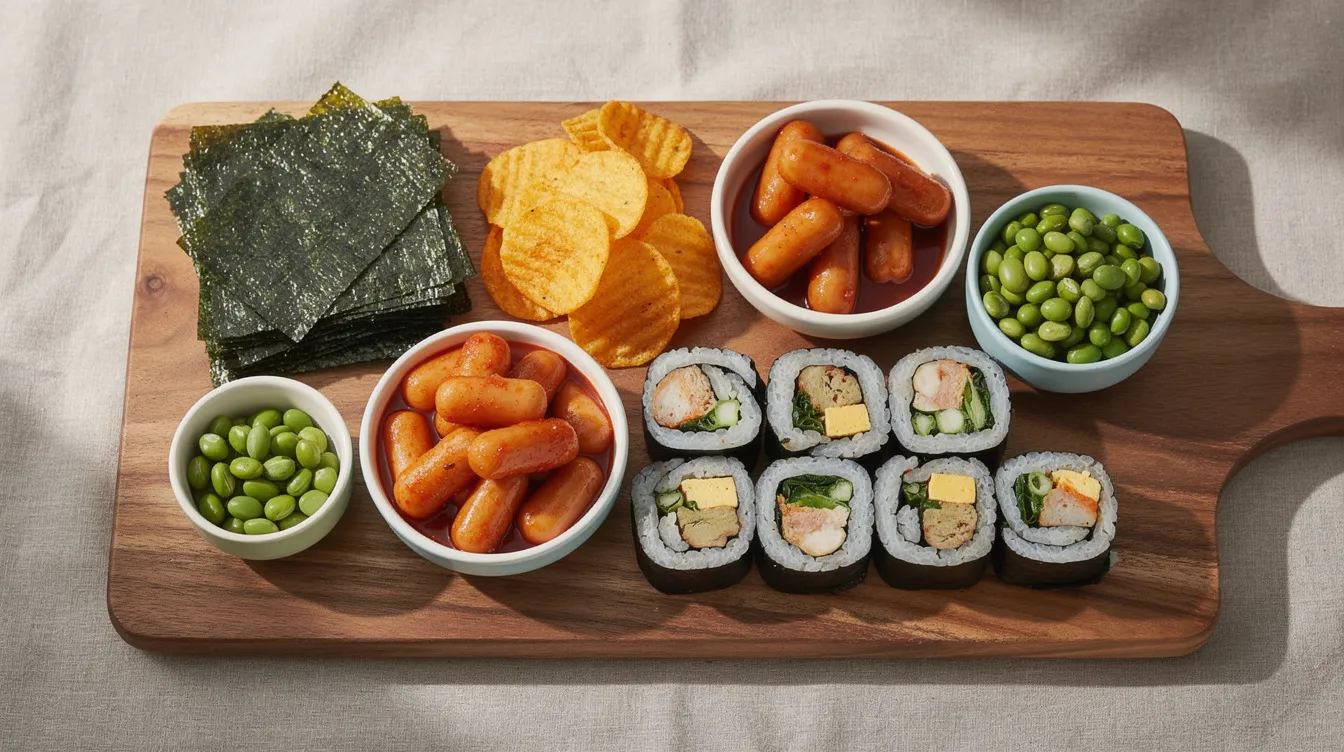 An assortment of Korean snacks is beautifully arranged on a wooden serving board, featuring small ceramic bowls filled with items like roasted chickpeas and dried fruit, showcasing a variety of healthy snack ideas. This vibrant display includes a mix of crunchy snacks and sweet treats, perfect for satisfying cravings while promoting healthy habits.