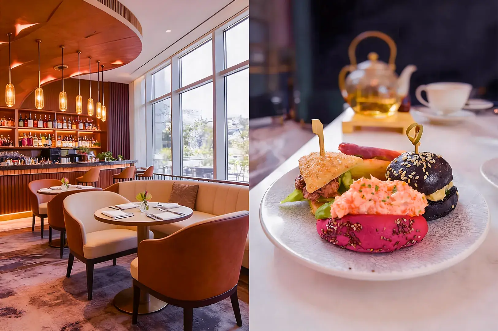 A chic café interior with warm lighting, elegant seating, and a well-stocked bar on the left. On the right, a plate with colorful sliders and tea.