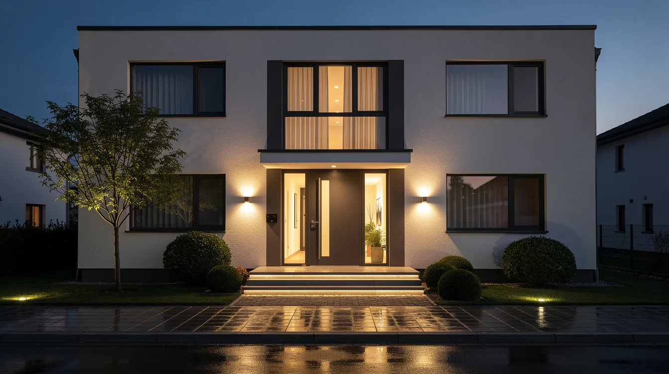 Die Hausfassade zeigt einen einladend beleuchteten Eingangsbereich in der Dämmerung, der Sicherheit und Schutz vermittelt. Die Außenbeleuchtung könnte potenzielle Einbrecher abschrecken und somit zu einem erhöhten Sicherheitsgefühl für die Bewohner beitragen.
