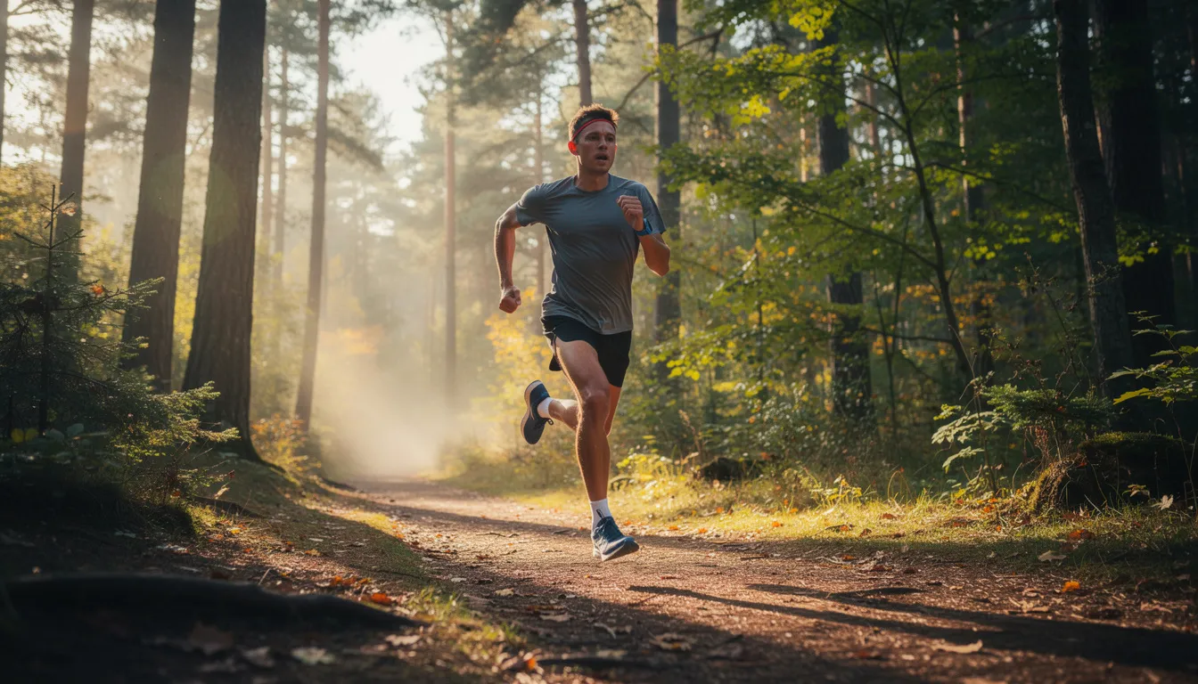 A runner is captured in motion on a forest trail during early morning, embodying athletic endurance and outdoor training. This scene highlights the importance of exercise performance and endurance exercise in enhancing aerobic capacity and metabolic health.