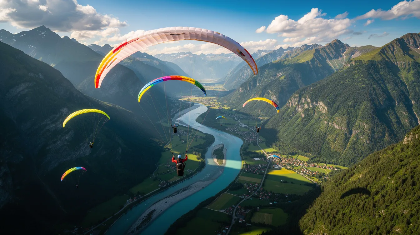 e7dbdba4 77a7 4a2d 85fe 75cf23672c58 A vibrant scene depicts paragliders gracefully soaring over a lush green mountain valley, with a winding river glistening below. This picturesque landscape in Himachal Pradesh highlights the region's natural beauty, offering a backdrop for aspiring entrepreneurs to explore profitable business ideas such as tourism and organic farming.