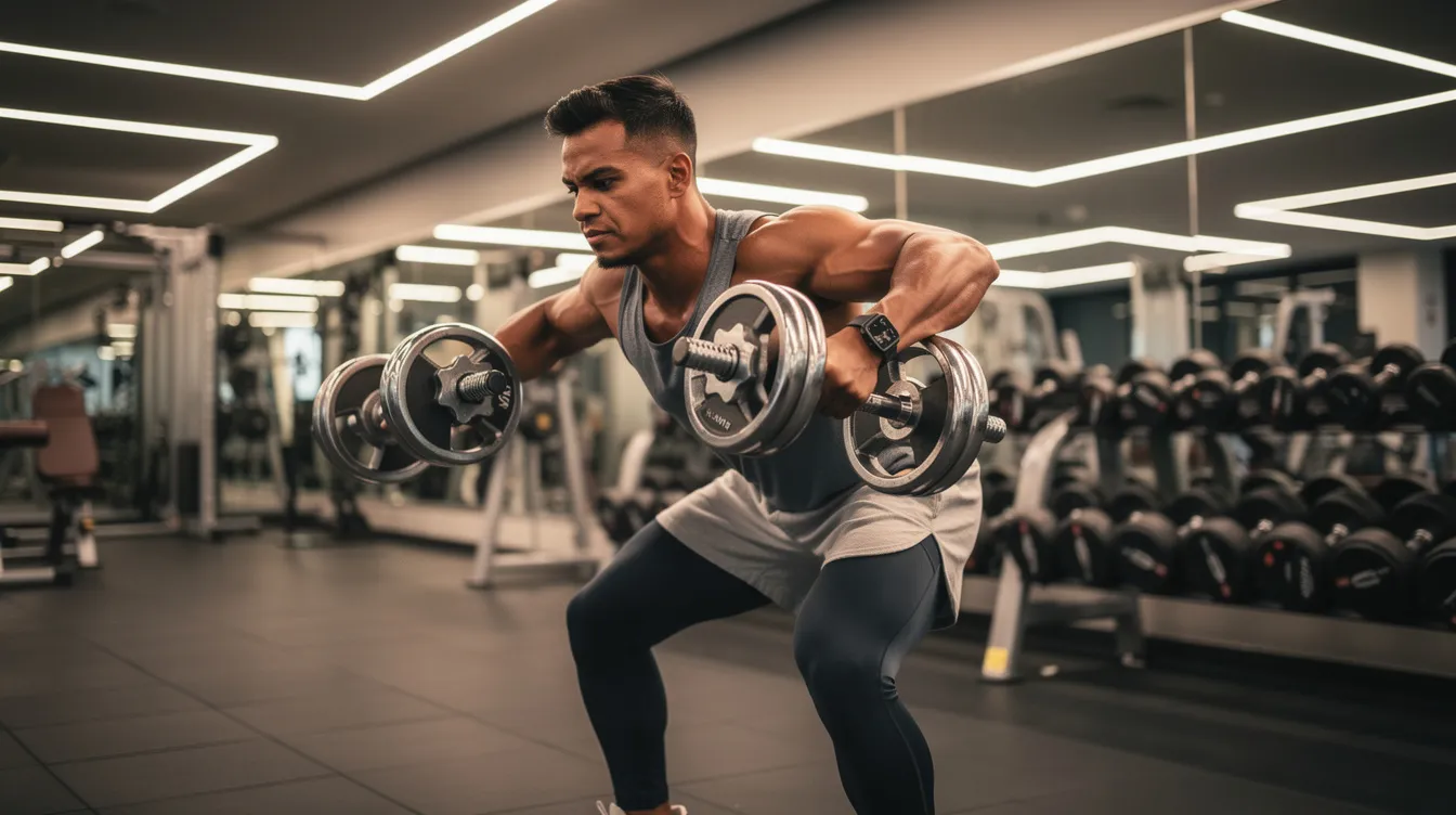 Una persona está realizando un ejercicio de fuerza con pesas en un gimnasio iluminado, mostrando un enfoque en el entrenamiento para mejorar la masa muscular. La imagen resalta la importancia de un estilo de vida activo, especialmente después de la pérdida de peso, para ayudar a reafirmar la piel flácida.