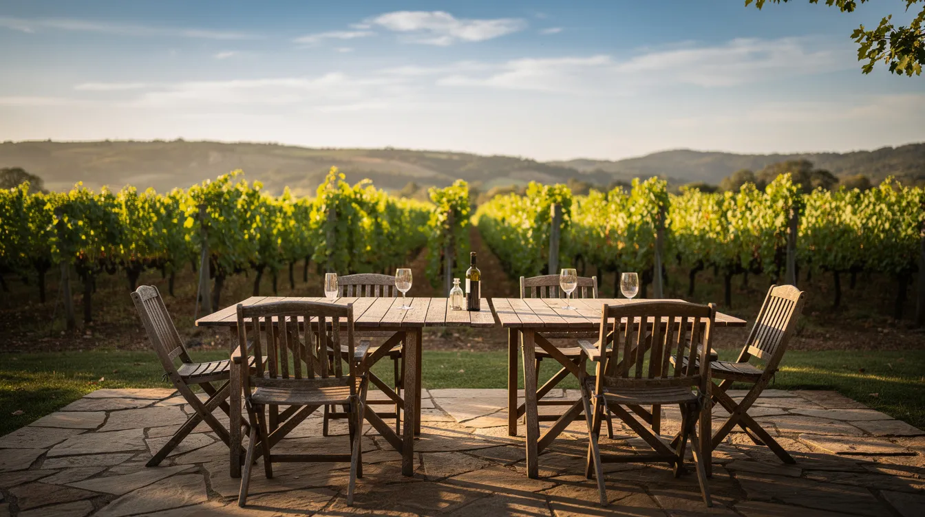 An inviting outdoor seating area in a vineyard features rows of lush grapevines basking in the warm afternoon light, perfect for enjoying private tastings of award-winning wines from the Clarksburg wine country. This charming spot offers a serene atmosphere to savor delicious wine while surrounded by the fertile soils and unique climate of the Sacramento River Delta.