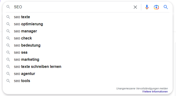 Screenshot zur Google-Suche für Hauptkeyword
